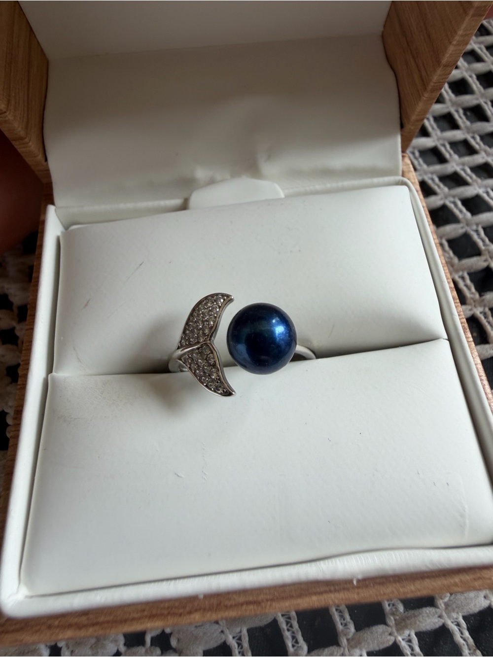 Silver Ring with Blue Pearl and Pave Whale Tail